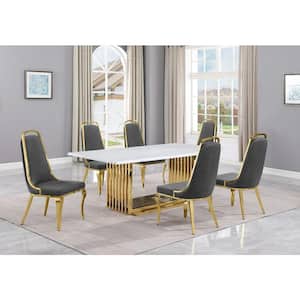 Lisa 7-Piece Rectangle White Marble Top Gold Stainless Steel Dining Set With 6-Dark Grey Velvet Gold Chrome Iron Chairs