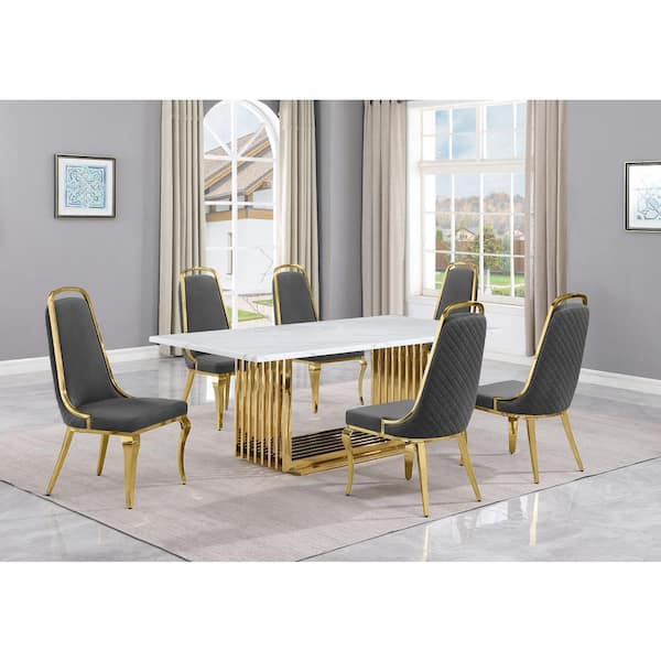 Best Quality Furniture Lisa 7-Piece Rectangle White Marble Top Gold Stainless Steel Dining Set With 6-Dark Grey Velvet Gold Chrome Iron Chairs