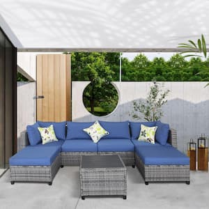 UXIE B1 Gray Wicker Outdoor Sectional Sofa with Blue Cushions