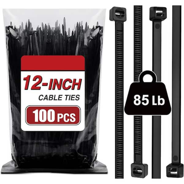 12 in. UV Resistant Nylon Cable Zip Tie Black 100-Pack Heavy Duty Wire Ties with 85 lb. Tensile Strength