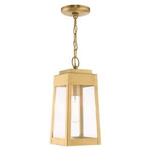 Vaughn 14.5 in. 1-Light Satin Brass Dimmable Outdoor Pendant Light with Clear Glass and No Bulbs Included