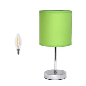 11.81 in. Traditional Petite Metal Stick Table Lamp for Bedroom with Fabric Drum Shade and Feit LED Bulb, Green