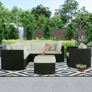 Black PE Rattan Wicker 8-Piece Outdoor Sectional Patio Conversation Furniture Set with Beige Cushions