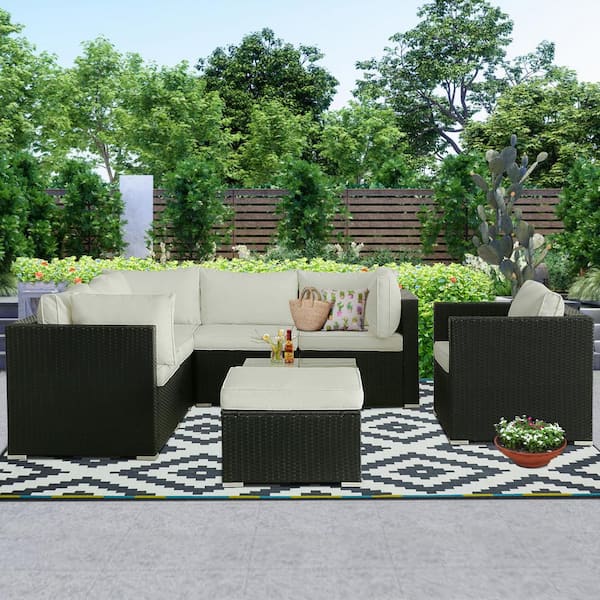 GALANO Black PE Rattan Wicker 8-Piece Outdoor Sectional Patio Conversation Furniture Set with Beige Cushions