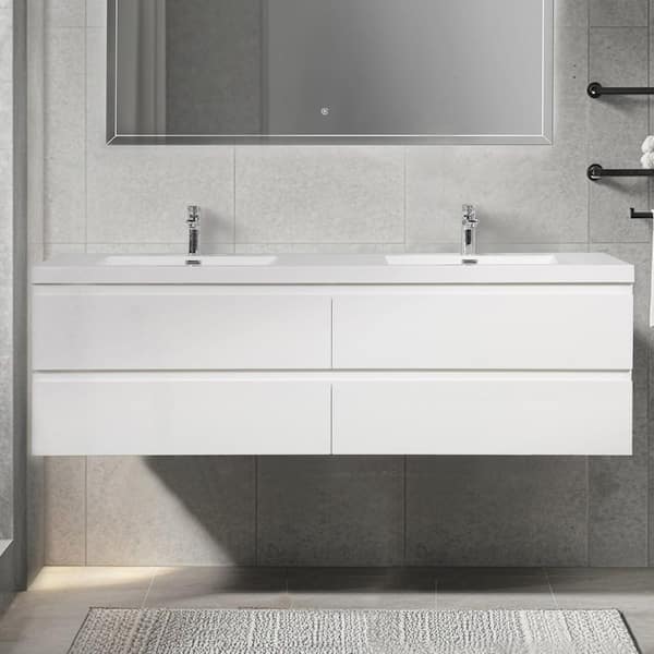 72 in. Wall-Mounted Floating Bath Vanity in Gloss White with Double Solid Surface Sink Top in White