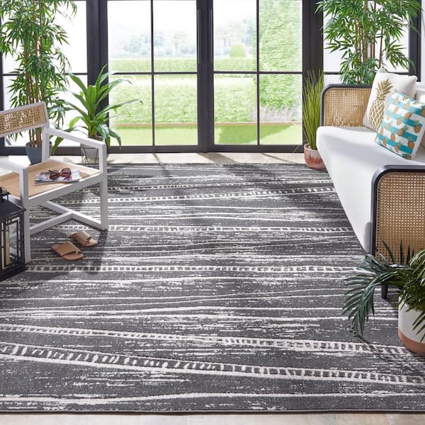 Cottage Gray 7 ft. x 7 ft. Abstract Striped Indoor/Outdoor Square Area Rug