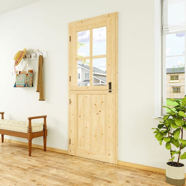 32 in. x 80 in. Solid Pine Universal 4 Lite Clear Glass Unfinished Dutch Door Design Wood Front Door Slab