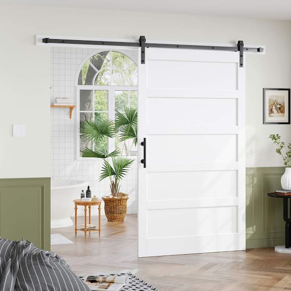 48 in. x 84 in. 5 Lite Manufactured Solid Wood Core White Finished Interior Sliding Barn Door with Hardware Kit