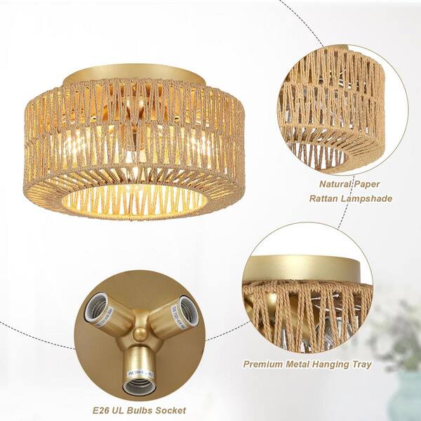 Jushua 11.8 in. W 3-Light Gold Boho Rattan Flush Mount Chandelier