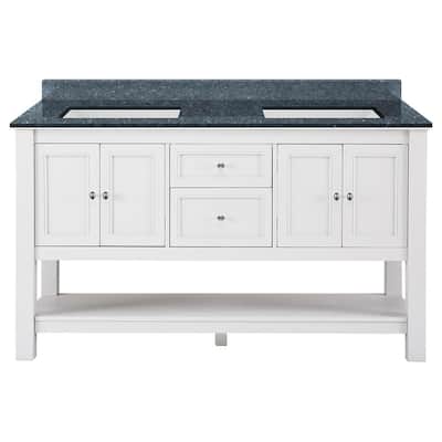 Home Decorators Collection Gazette 61 in. W x 22 in. D x 34.75 in. H Bath Vanity in White with Blue Pearl Granite Top with...