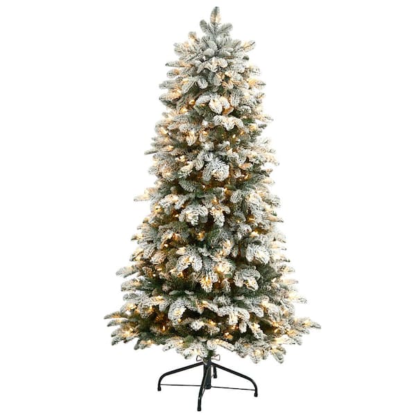 Nearly Natural 5 ft. Flocked North Carolina Fir Artificial Christmas Tree with 350 Warm White Lights and 1247 Bendable Branches