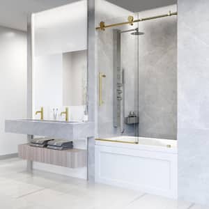 Elan Hart 56 to 60 in. W x 66 in. H Sliding Frameless Tub Door in Matte Brushed Gold with 3/8 in. (10mm) Clear Glass