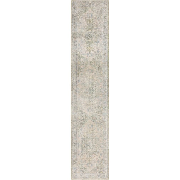 Astra Machine Washable Blue Green 2 ft. x 6 ft. Center medallion Traditional Runner Area Rug