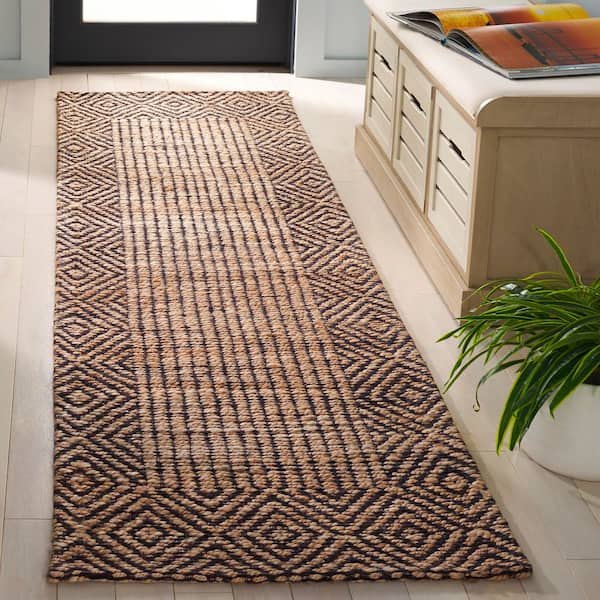 Natural Fiber 2 ft. x 8 ft. Natural/Brown Diamond Border Striped Runner Rug