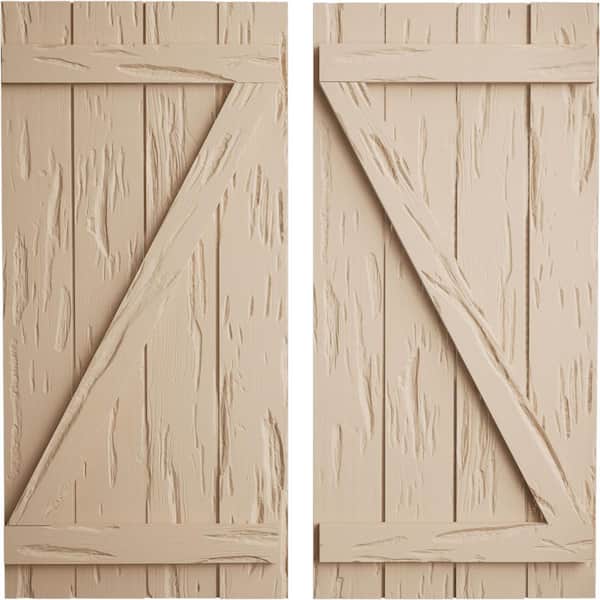 Ekena Millwork 22 in. x 74 in. Timberthane Polyurethane 4-Board Joined Board-n-Batten Pecky Cypress Faux Wood Shutters w/Z-Board Pair