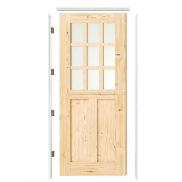 36 in. x 80 in. Universal 9-Lite Frosted Glass Pine Wood Interior Dutch Door, Split Door Slab with Split Jamb, Hinge