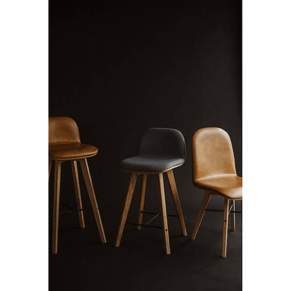 NADAAL STUDIOS Milan 29.5 in. Tan, Solid Oak Wood Legs Bar Stool with Top Grain Leather Seat