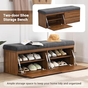 Dark Gray 49 in. Entryway Storage Shoe Bedroom Bench with Padded Seat Cushion and Double Doors