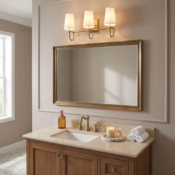 Cameron 24 in. W x 12 in. H 3-Light Warm Brass Bathroom Vanity Light with White Fabric Shades