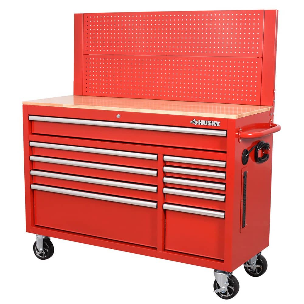 52 in. W 10-Drawer Gloss Red Mobile Workbench Cabinet with Solid Wood Top a