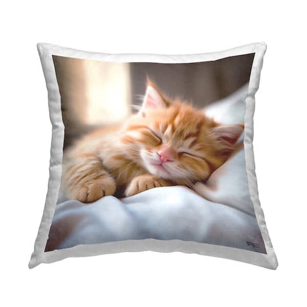 Stupell Industries Snuggled Sleeping Kitten Beige Print Polyester 18 in. x 18 in. Throw Pillow