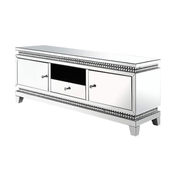 Benjara 59 in. Silver Wood TV Stand Fits TVs up to 65 in. with Faux Crystals and 2 Door Storage
