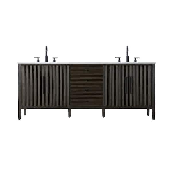 84 in. Double Sink Chocolate Oak Bath Vanity with White Engineered Marble Top