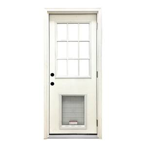 32 in. x 80 in. Reliant Series Clear 9 Lite LHOS White Primed Fiberglass Prehung Back Door with SL Pet Door