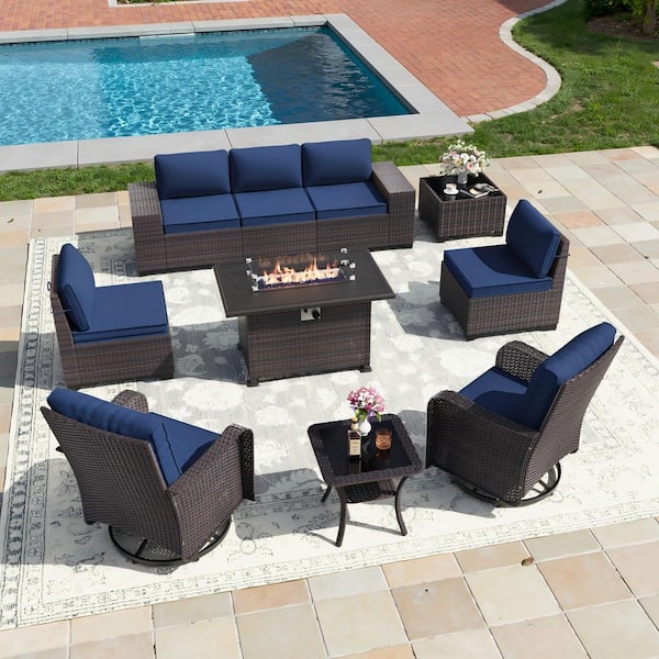 10-Piece Wicker Outdoor Patio Conversation Set with 55000 BTU Propane Fire Pit Table and Swivel Rocking Chairs, Navy