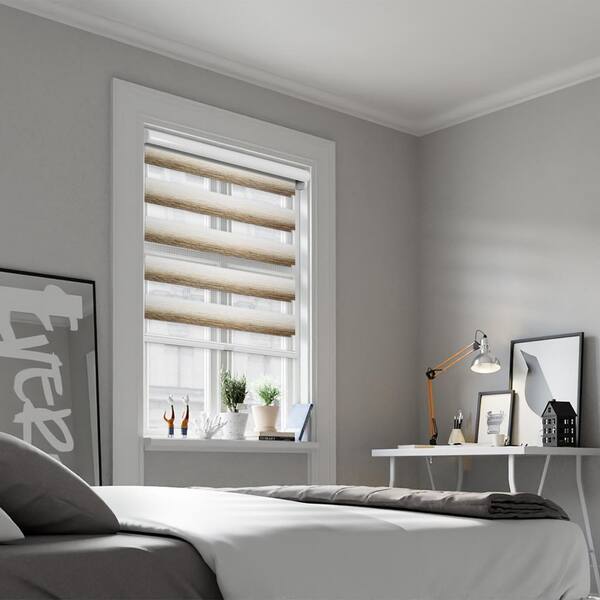 Chicology Cut-to-Size Ivory Oak Cordless Light Filtering Dual Layer Privacy Polyester Zebra Roller Shade 23.25 in. W x 72 in. L