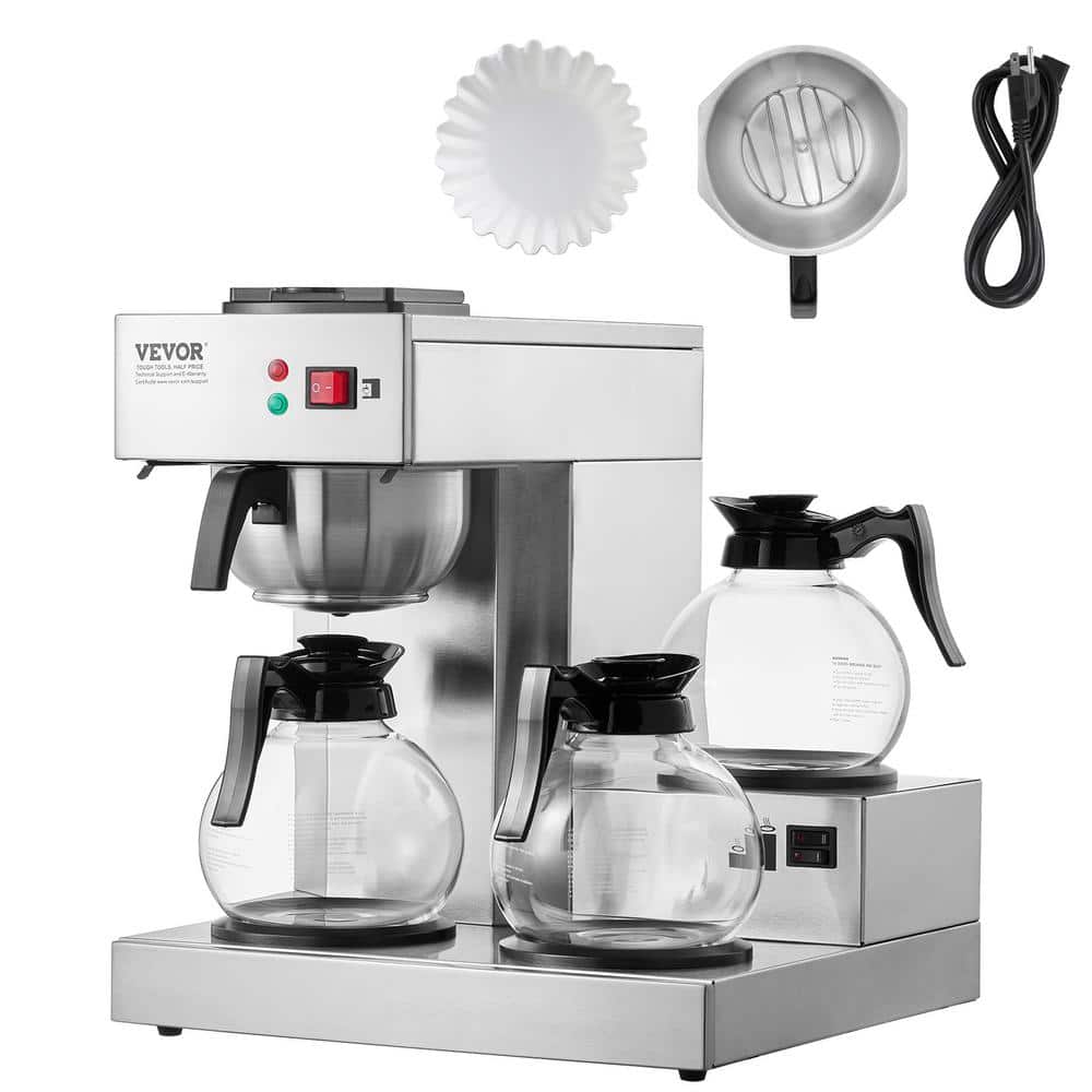 12-Cups Commercial Drip Coffee Maker, Coffee Maker Machine with 3-Glass Carafes and 3-Warmer Plates, Stainless Steel