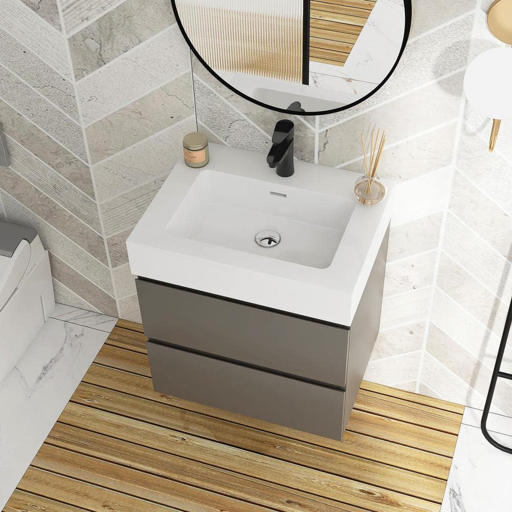 24" Grey Wall-Mounted Bathroom Vanity with White Cultured Marble Sink