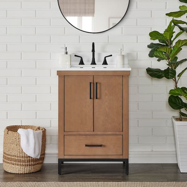 Loren 24 in. Single Sink Freestanding Gunny Bath Vanity with Pure White Engineer Stone Top