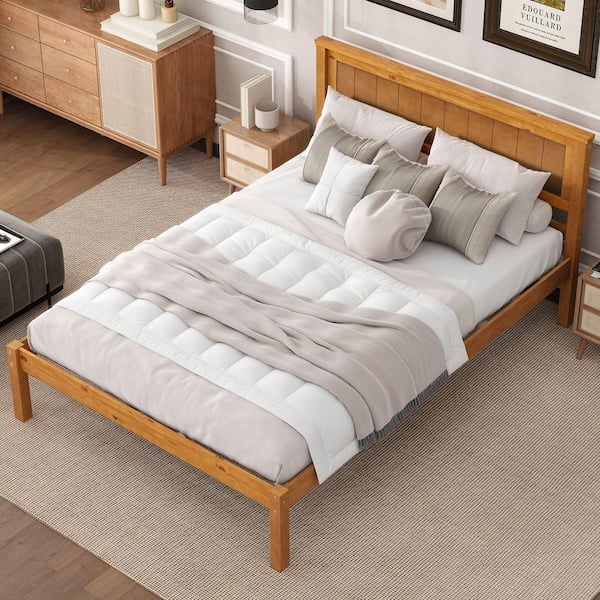 Harper & Bright Designs Modern Oak (Brown) Wood Frame Full Size Platform Bed with Headboard, Additional Support Slats Legs