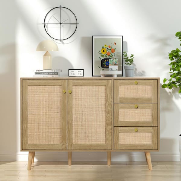 Natural Oak 32 in. Rattan Buffet Cabinet Office Storage Cabinet with 2-Shelves and 3-Drawers for Living Room Kitchen