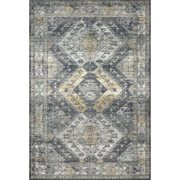LOLOI II Skye Graphite/Silver 2' X 5' Printed Distressed Oriental Area Rug