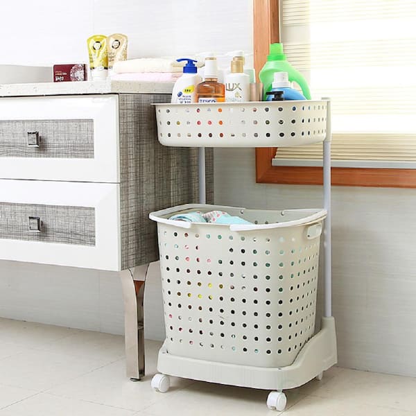 Basicwise 2 Tier Plastic Laundry Basket with Wheels