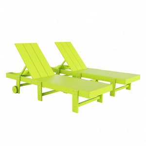 Shoreside 2-Piece Modern HDPE Fade Resistant Portable Reclining Chaise Lounge Chairs With Wheels in Lime