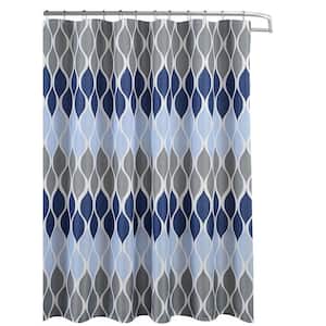 Clarisse Faux Linen Blue/Grey 70 in. x 72 in. Geometric Textured Shower Curtain Set with Beaded Rings
