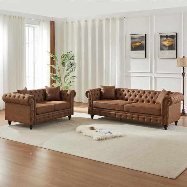 Ygritte 85.5 in. W Flared Arm 3-Seater Fabric Rectangle Sofa in Brown with 1 Loveseat