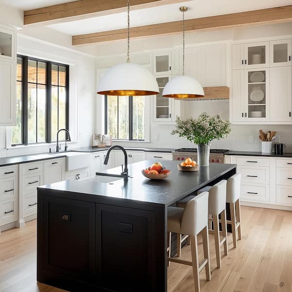 Mid-century 23.6 in. W 1-Light Gold Pendant Lamp, Modern Pendant Light with White Dome Shade for Dining Room, Kitchen