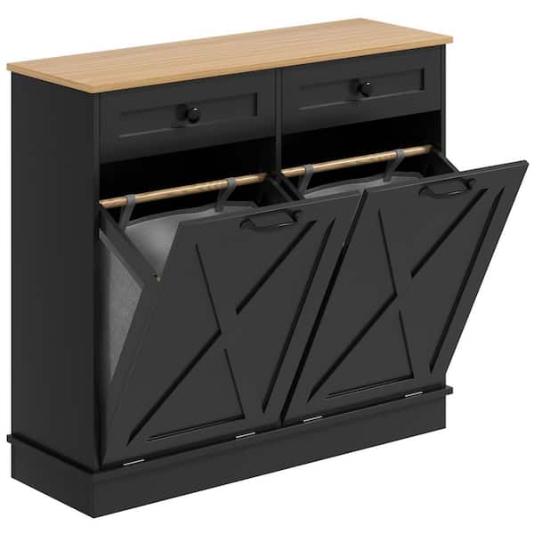 HOMCOM Black 39.4 in. x 35.4 in x 13 in. MDF Modern Farmhouse Rectangle Laundry Room Hamper with Tilt Out