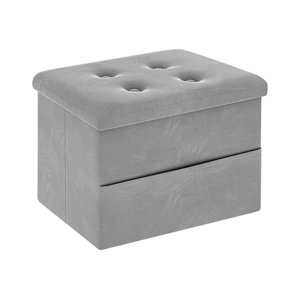 Velvet Grey Upholstered Rectangular Small Storage Ottoman with Side Pocket and Foldable Pouf for Living Room