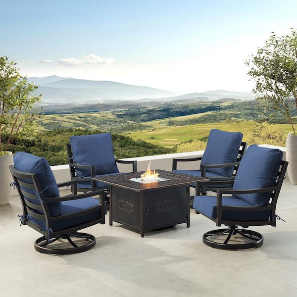 Oakland Living Black 6-Piece Aluminum Patio Fire Pit with 4-Club Chairs Blue Cushions