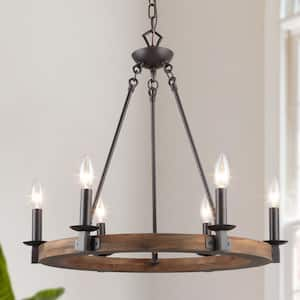 Farmhouse Wagon Wheel Chandelier, 6-Light Distressed Wood Circle Island Light, Rustic Bronze Dining Room Pendant Light