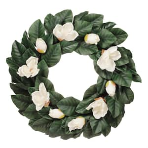 24 in. Artificial Magnolia Floral Spring Wreath with Green Leaves