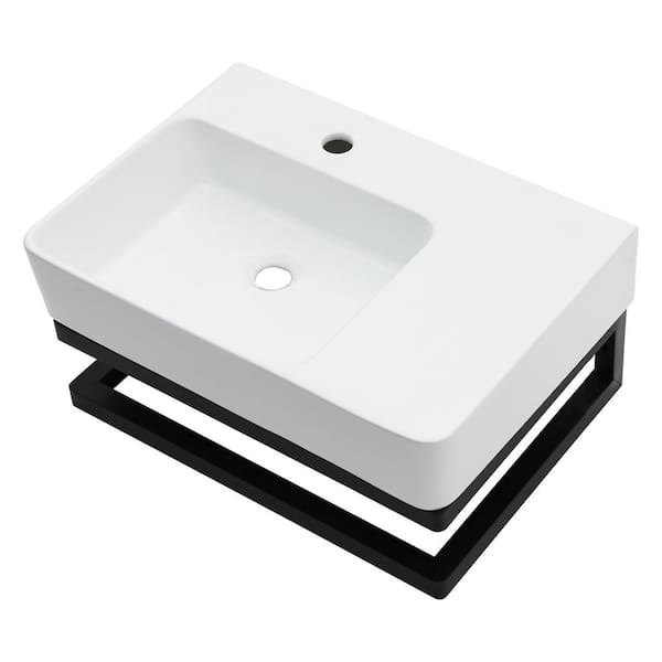 23 in. Ceramic Rectangular Wall-Mounted Bathroom Mini Vessel Sink with Single Left Faucet Hole in White