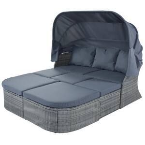 6-Piece Wicker Outdoor Day Bed Sunbed with Gray Canopy and Cushions