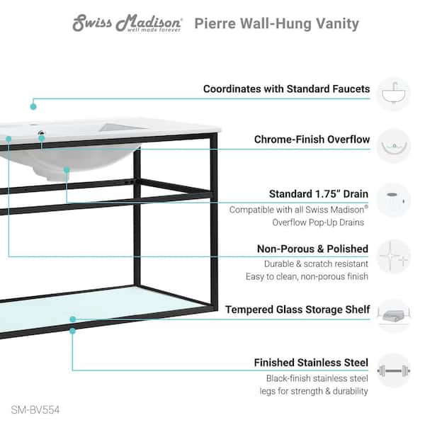 Pierre 48 in. Single, Metal Frame, Open Shelf, Bathroom Vanity in Black, Vanity Top in White with White Basin