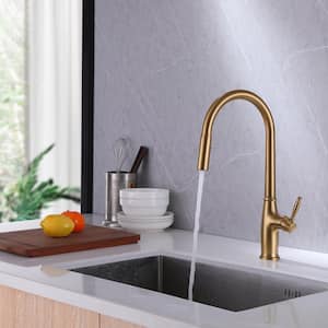 Single Handle Wall Mount Gooseneck Pull Down Sprayer Kitchen Faucet in Brushed Gold